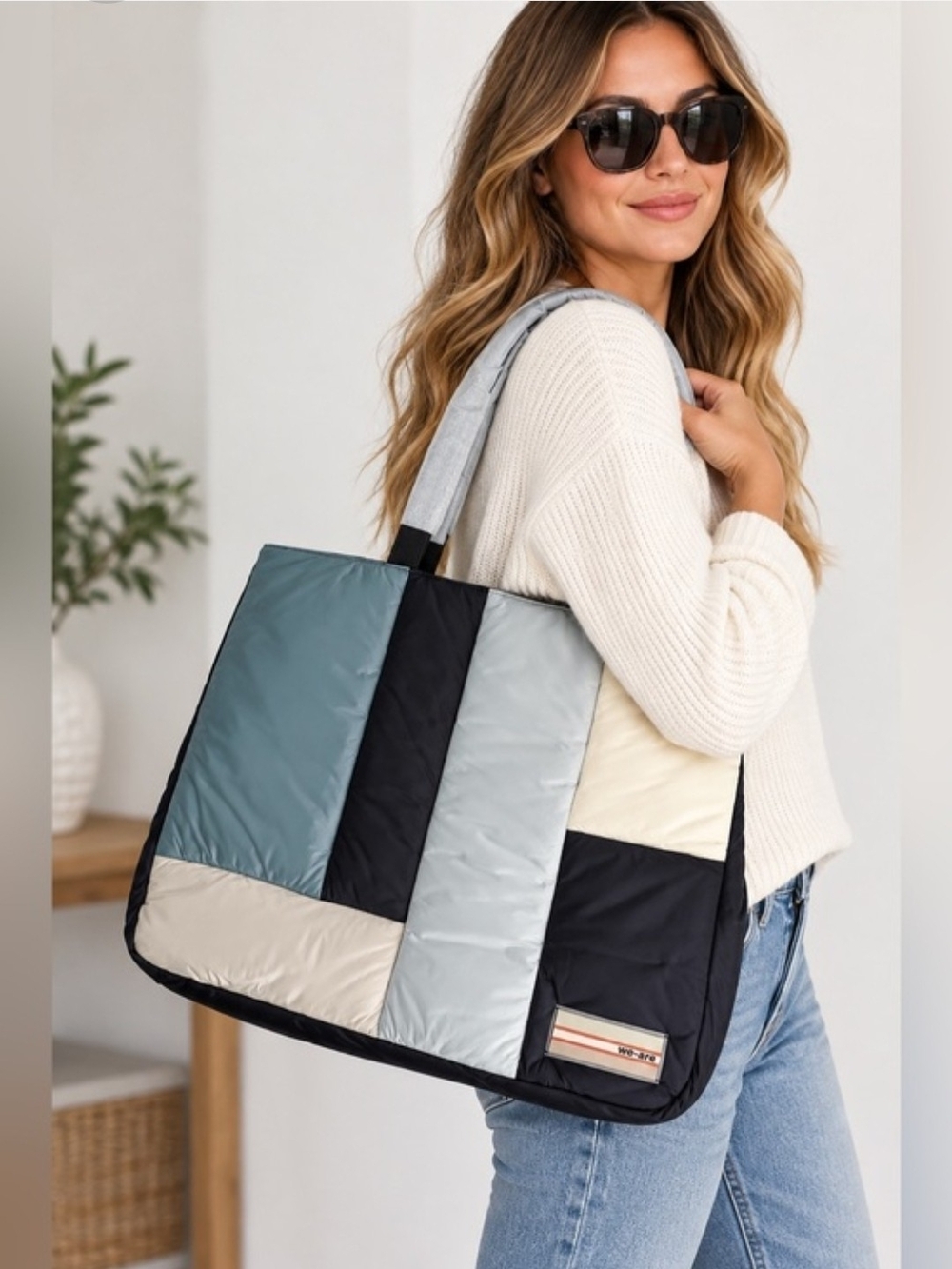 WE-AR4 Large  Blue Colorblock Quilted Tote Shoulder Bag Leather Double Straps